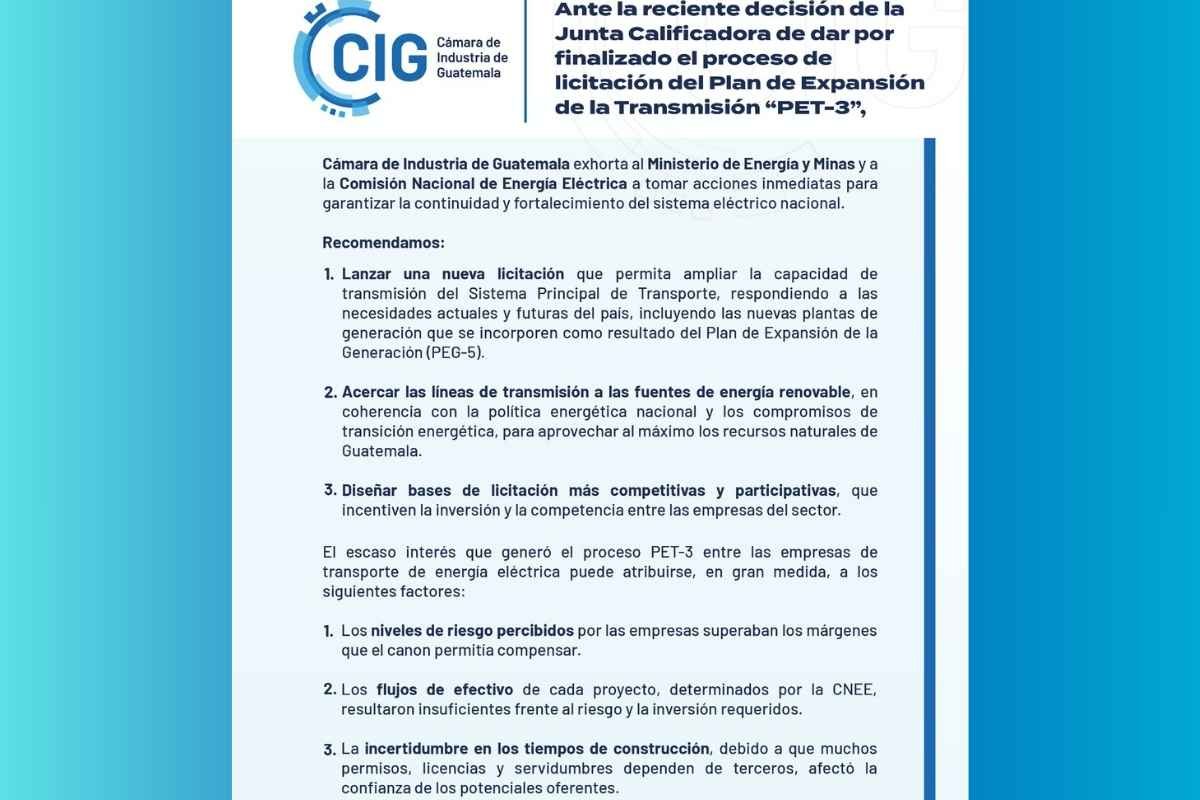 CIG pide reactivar plan eléctrico para asegurar el futuro energético de Guatemala